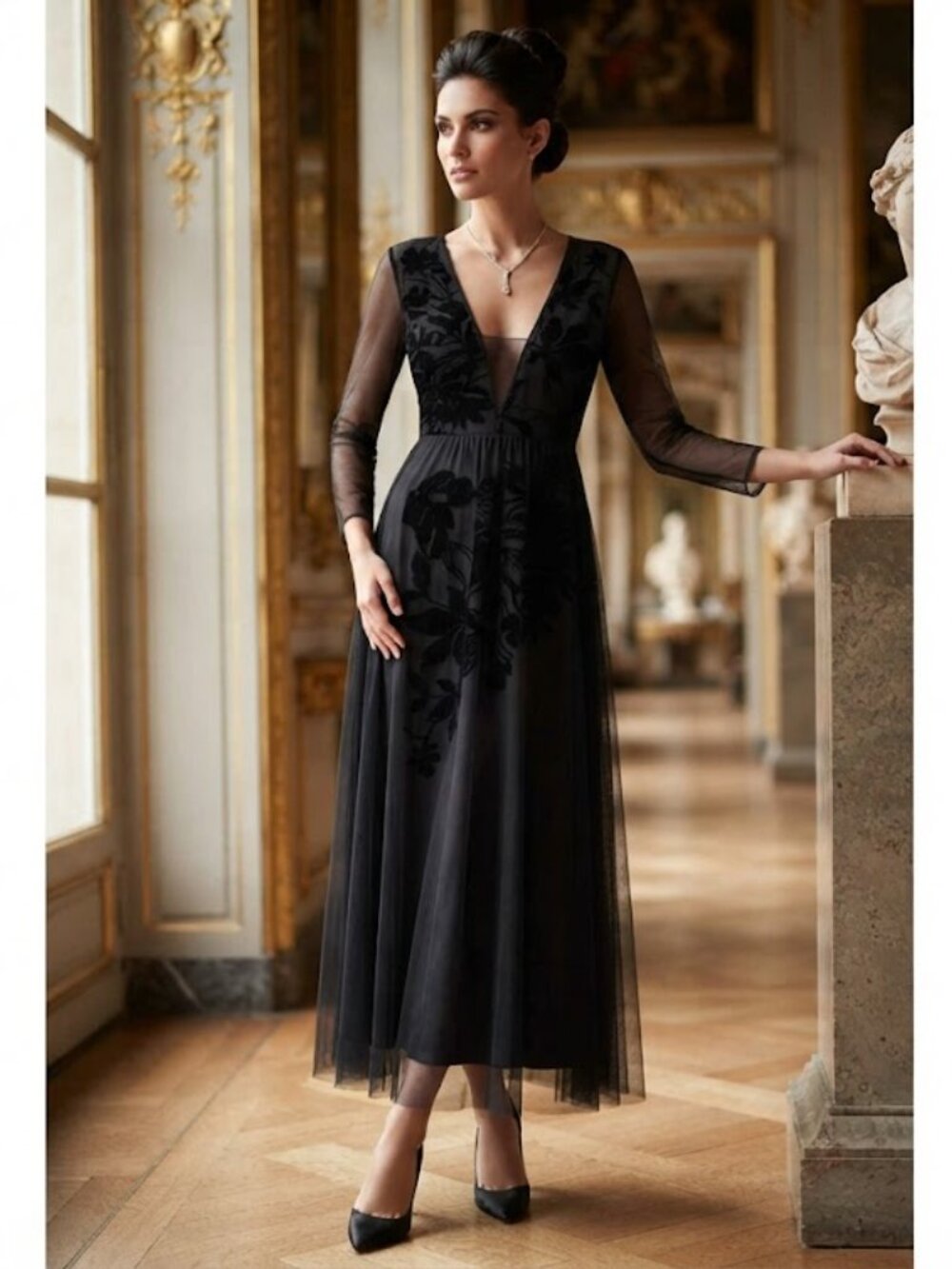 La Petite Robe di Chiara Boni Square Velvet Floral Neckline Long Dress Size 44